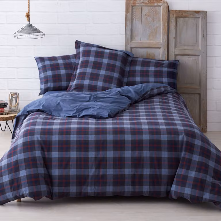 Juego de funda nórdica, sábana bajera y fundas de almohada Manterol de algodón con diseño de cuadros en azul, reversible, para cama de 200x200 cm