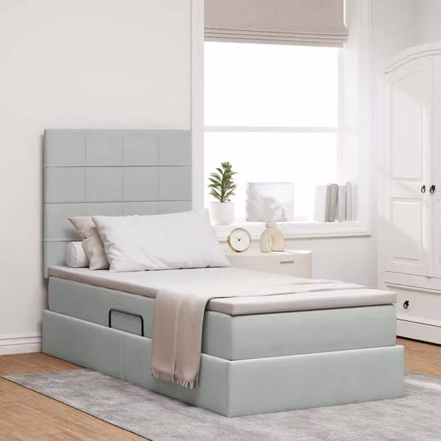 Cama de almacenamiento Maison Exclusive con iluminación LED y puerto USB, tapizada en terciopelo gris, An/P/Al: 100 x 200 x 128 cm