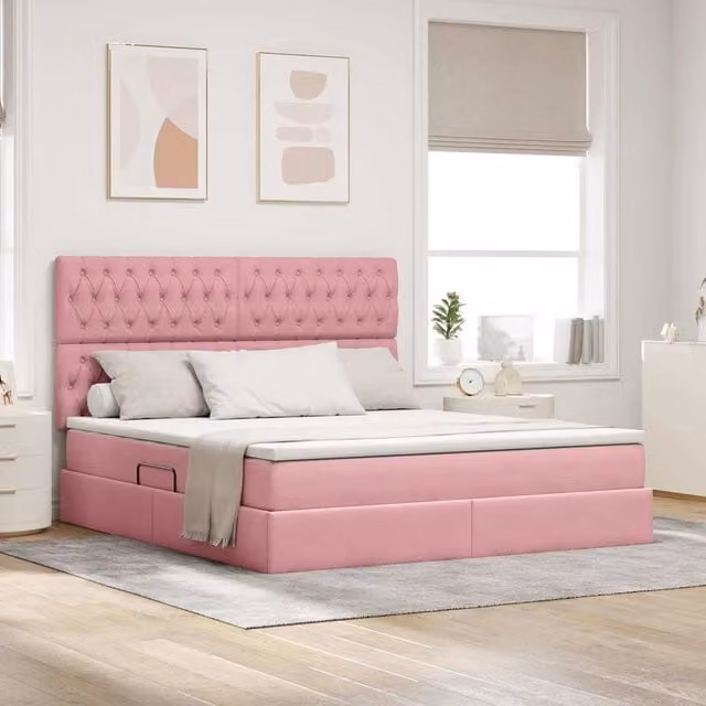 Cama con almacenamiento y colchón híbrido Maison Exclusive en terciopelo rosa, An/P/Al: 180 x 200 x 204 cm