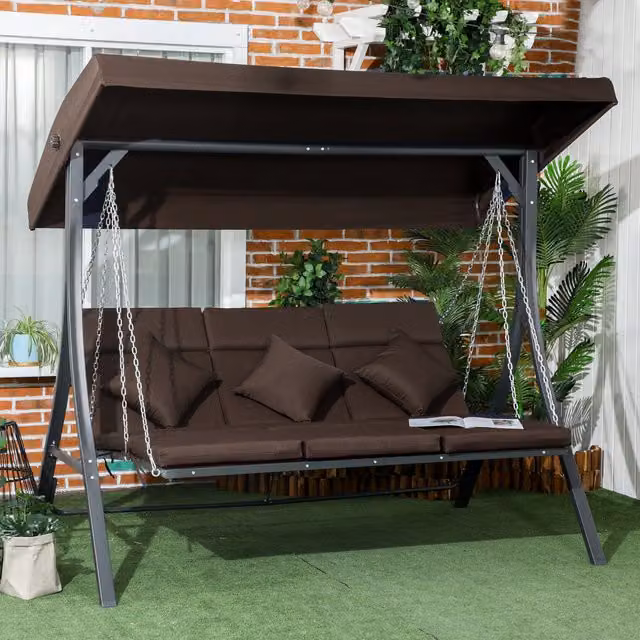 Columpio de jardín BEAOK de 3 plazas en metal marrón con toldo ajustable y cojines, carga máxima 270 kg