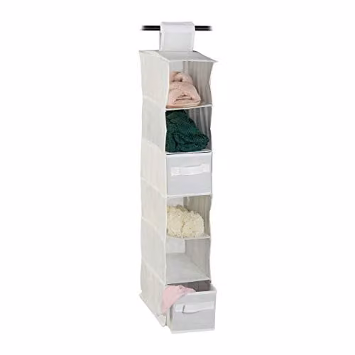 Organizador colgante Relaxdays de tela y cartón con 6 estantes y 2 cajones, color blanco, Al: 82 cm, An: 14,5 cm, P: 30 cm