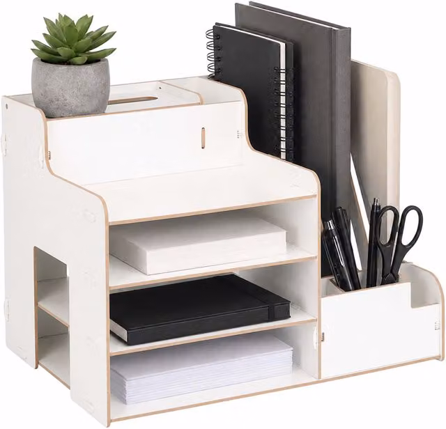 Organizador de documentos A4 de escritorio Relaxdays con múltiples compartimentos, madera, blanco, An/P/Al: 28 x 37 x 29 cm