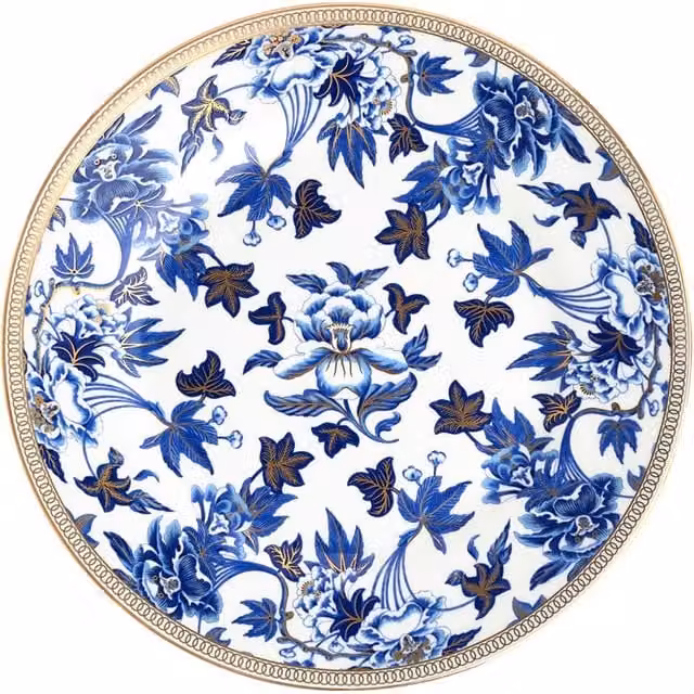Plato para pasta Hibiscus de Wedgwood en porcelana con diseño floral blanco, azul y dorado