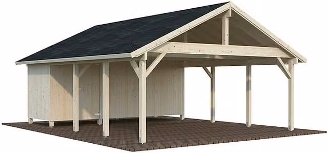 Carport doble con trastero Palmako Classico Robert en color marrón y beige, An/Pr: 600 x 762 cm