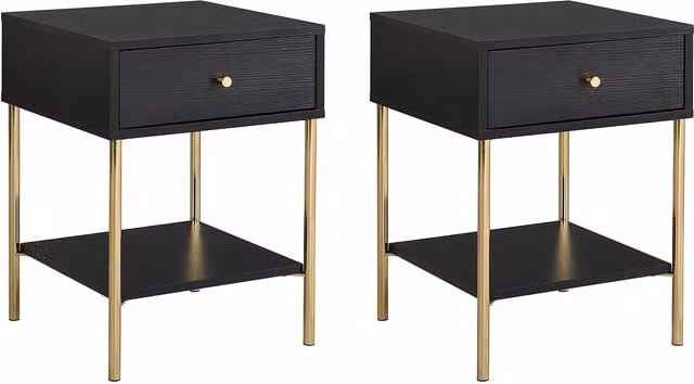 Conjunto de 2 mesitas de noche Milavia con 1 cajón en negro y dorado de MDF y metal