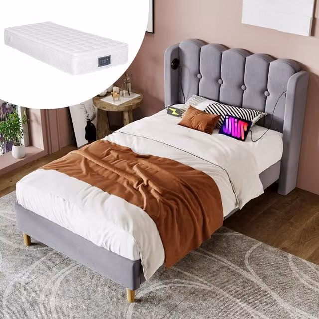 Cama Individual Tapizada Kellany en Gris con Función de Carga USB Tipo C y Somier de Láminas, An/P/Al: 90 x 200 x 103 cm