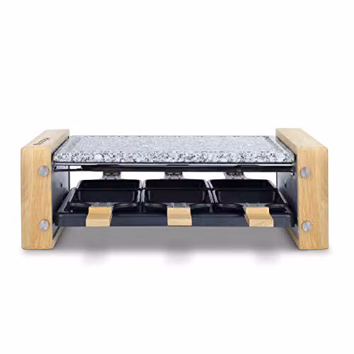 Set de Raclette H.Koenig WOD6 para 6 personas con Plancha de Piedra Natural, Acero Inoxidable y Madera en colores Plata y Marrón, 900 W, incluye 6 sartenes antiadherentes y termostato ajustable