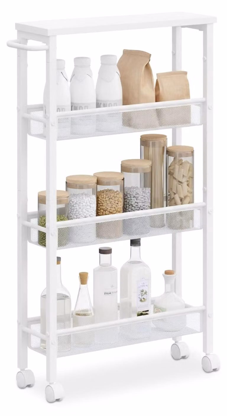 Carrito de cocina móvil Northix de 4 niveles en metal y MDF blanco mate para cocina o baño