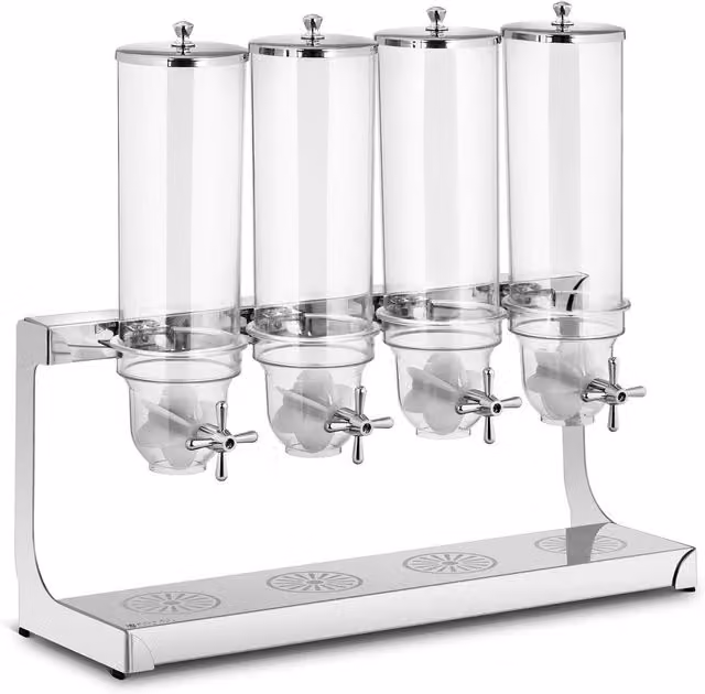 Dispensador de cereales Royal Catering transparente con 4 contenedores de 3,5 l cada uno en plástico y acero inoxidable