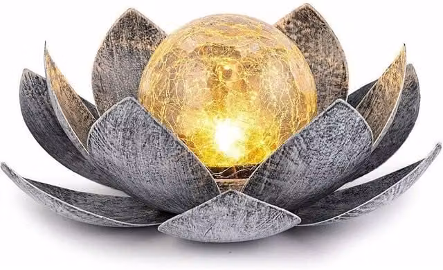 Luces Solares de Jardín ODIPIE con Diseño de Loto en Vidrio Craquelado y Metal, LED de Luz Blanca Cálida, Resistentes al Agua para Exterior, Terraza y Camino