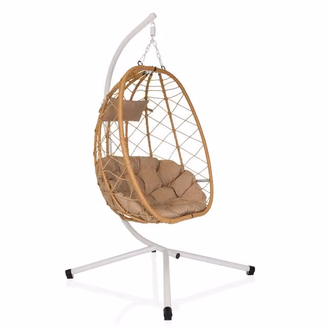 Sillón colgante tipo huevo hjh Living con estructura de hierro y tejido de ratán en color blanco y beige para exterior