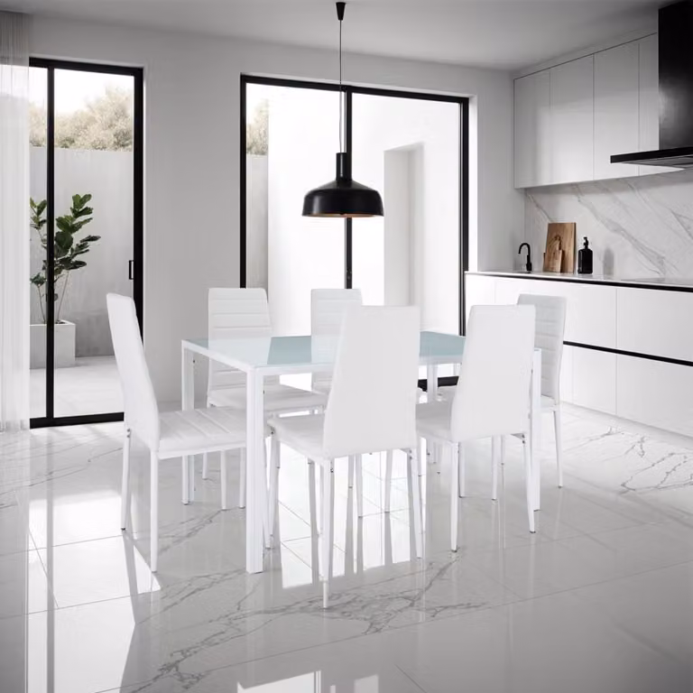Conjunto de comedor Tectake con mesa rectangular de cristal y 7 sillas en color blanco
