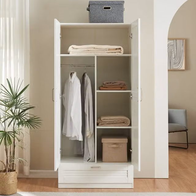 Armario Ropero Finning en.casa Blanco con 2 Puertas, 1 Perchero, 4 Compartimentos y 1 Cajón, Al: 176 cm, An: 80 cm, P: 52 cm