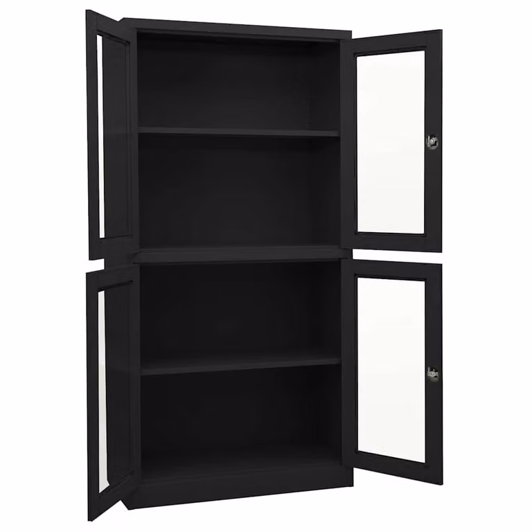 Armario de oficina vidaXL en acero y vidrio templado color antracita con puertas de cristal y cerradura, An: 90 cm, P: 40 cm, Al: 180 cm