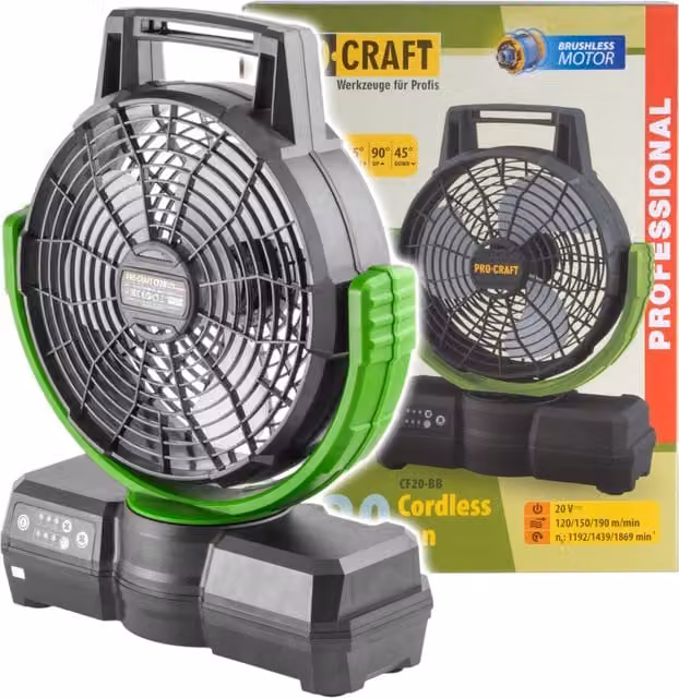Ventilador de suelo Procraft CF20BB 20V en gris y verde con temporizador y diámetro de 23,5 cm