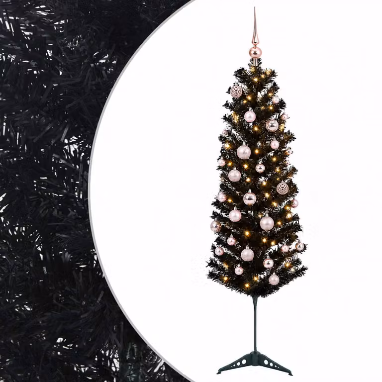 Árbol de Navidad artificial estrecho vidaXL con 150 LED luz blanca cálida y bolas, verde y negro, Altura: 150 cm
