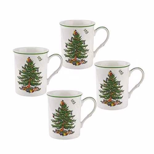 Set de 4 tazas de cerámica Spode Christmas Tree en blanco, verde y rojo de 34 cl