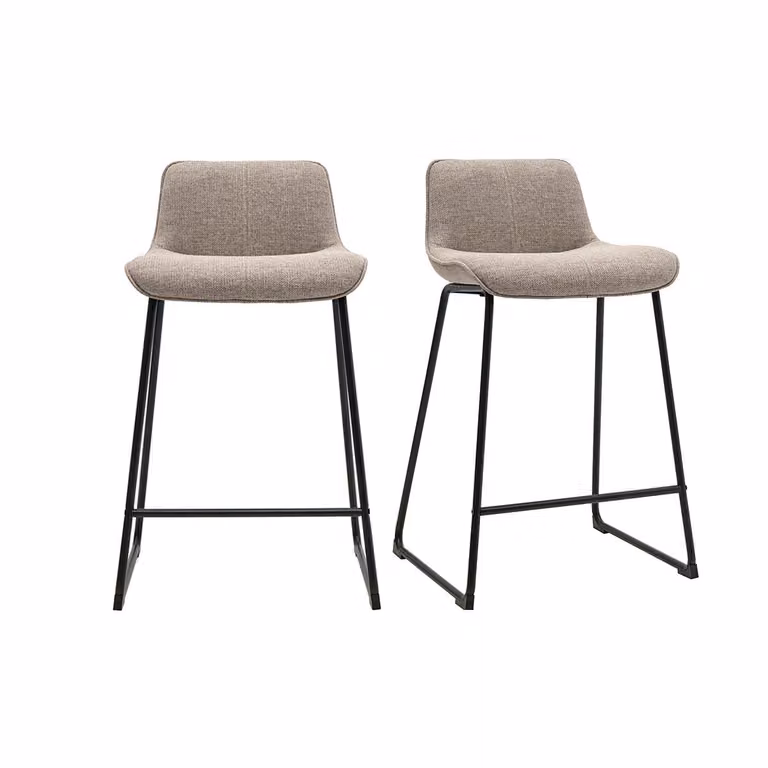 Lote de 2 taburetes de bar modernos BOOST en tela taupe y metal negro, Altura: 65 cm