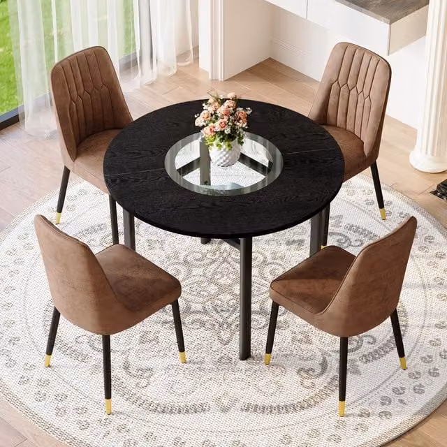 Conjunto de comedor Stilvora con mesa redonda de 100 cm efecto madera negra con inserto de cristal y 4 sillas de tejido técnico marrón con patas de metal negro
