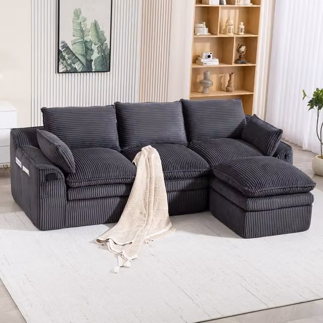 Sofá Modular de 3 Plazas KELLANY en Pana Gris con Otomana, Cojines y Bolsillos Laterales