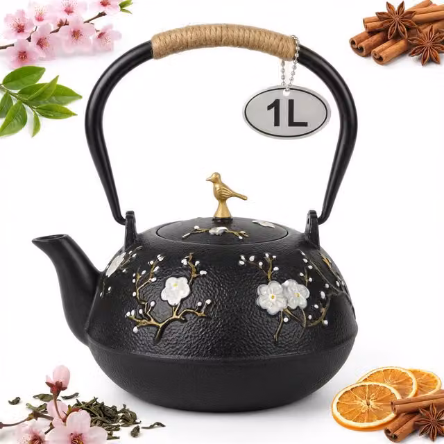 Tetera de hierro fundido negra de 1 l con infusor de acero inoxidable para té e infusiones