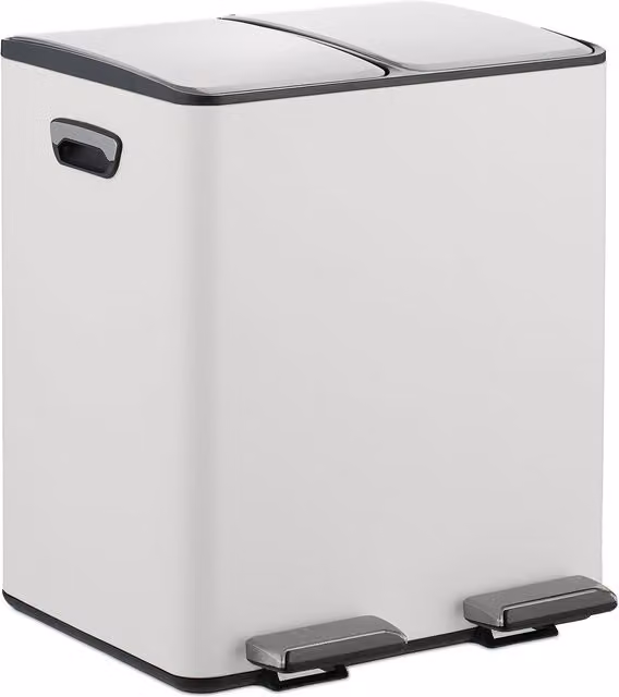 Cubo de basura con pedal para cocina Relaxdays con 2 compartimentos de 15 l cada uno, botes interiores extraíbles y cierre suave, color blanco y plateado, An/P/Al: 47,5 x 42 x 37 cm