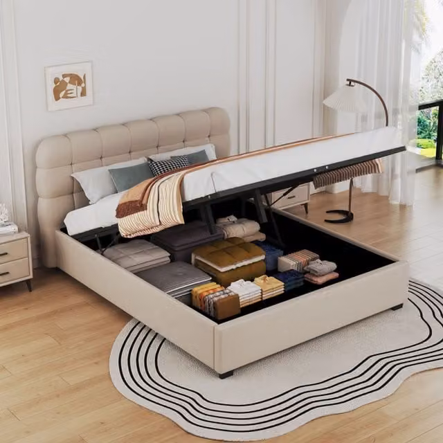 Cama Dallas con canapé abatible de Concept Usine en terciopelo beige, An/P: 140 x 190 cm