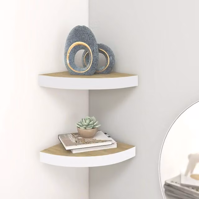 Set de 2 estantes de esquina para pared vidaxl en color roble y blanco, An/P/Al: 25 x 25 x 3,8 cm