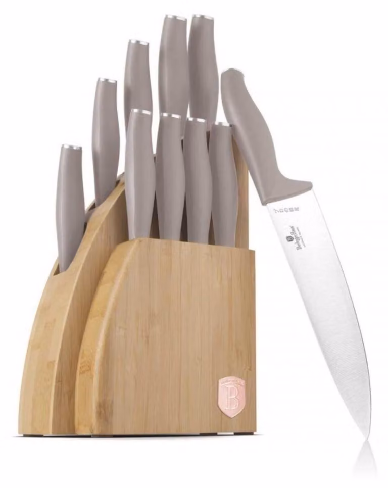 Set de 10 cuchillos Berlinger Haus BH3122 con bloque de madera en marrón y gris, incluye cuchillo de chef, de pan, santoku y pelador, fabricados en acero inoxidable