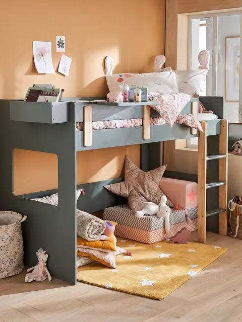 Cama mezzanine de media altura VERTBAUDET LÍNEA EVEREST en verde oscuro para niños de 90 x 190 cm