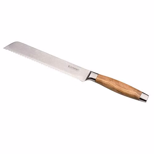 Cuchillo para pan Le Creuset de acero damasco con mango de madera en color marrón y plata, 20 cm