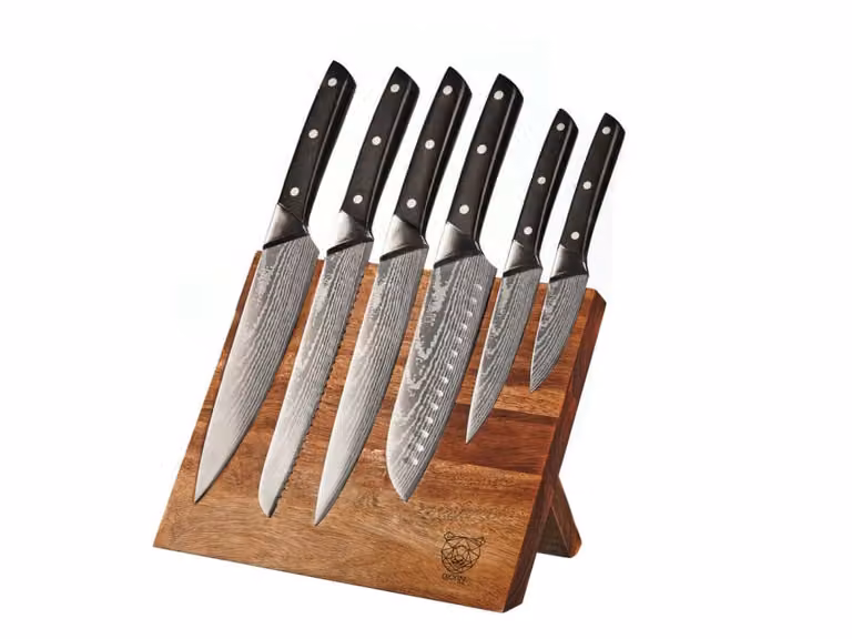 Set de 7 cuchillos de cocina Björn con bloque de madera negro y acero inoxidable damasco aptos para lavavajillas