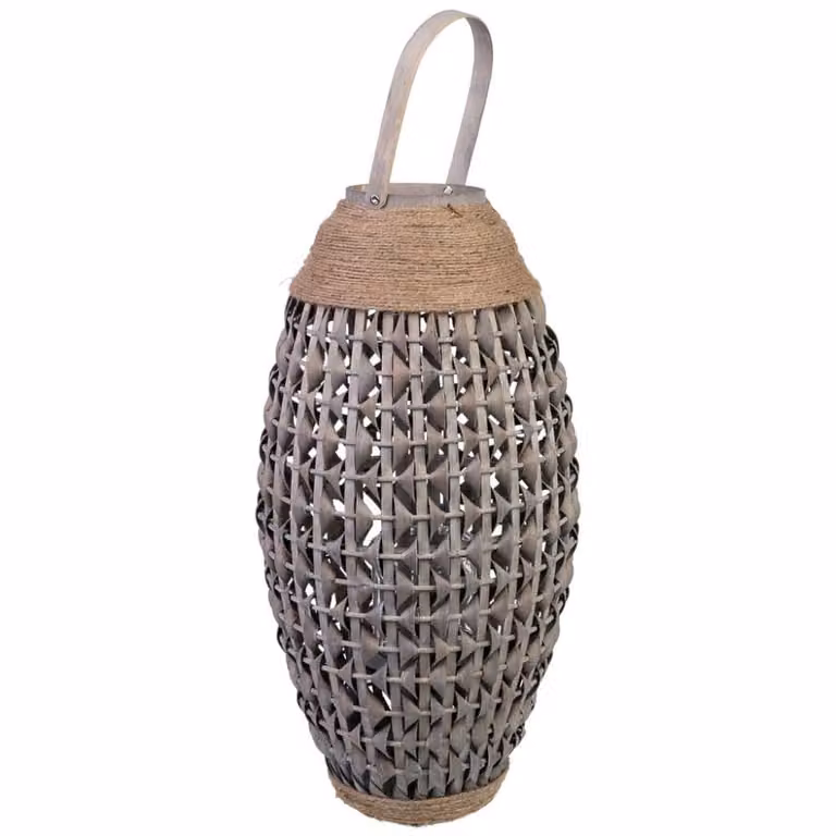Farol de bambú y madera Wanderlust deco con recipiente de cristal gris para vela, An: 29 cm, Al: 55 cm