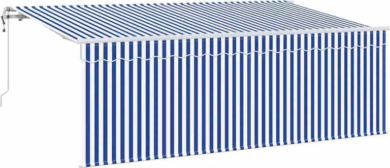 Toldo retráctil Syfax con brazos plegables y mando a distancia, diseño rayado azul en poliéster, An: 350 cm, Al: 200 cm