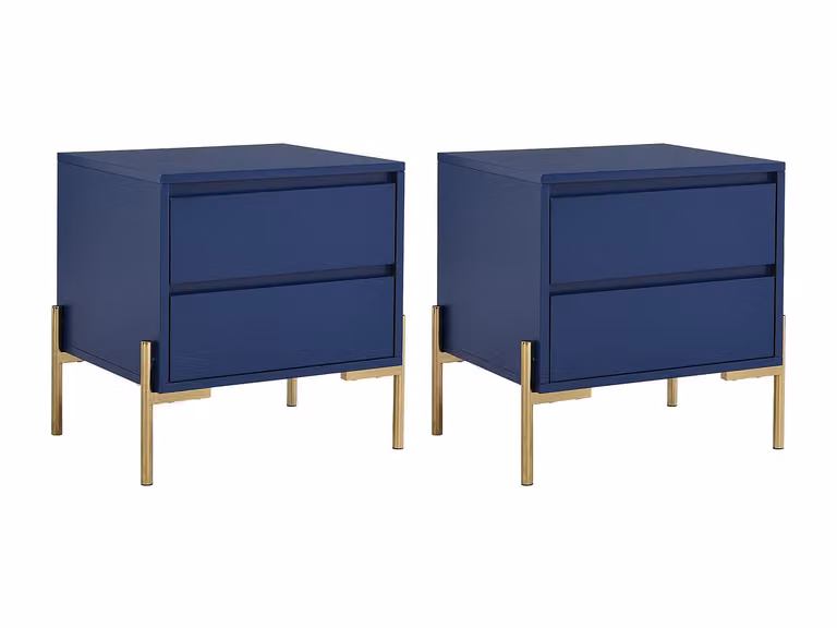 Lote de 2 mesitas de noche Korasa con 2 cajones, estilo Art Deco, en MDF y metal, color azul lacado y dorado