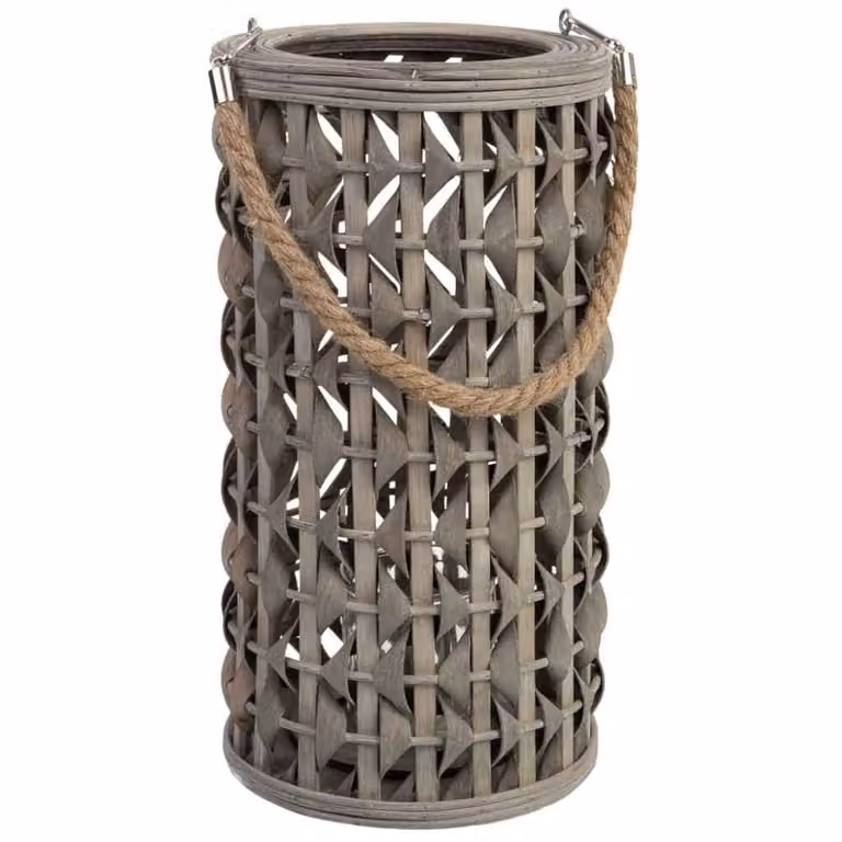 Farol colgante Wanderlust deco de madera y bambú con recipiente de cristal gris, estilo rústico, An: 18 cm, Al: 34 cm