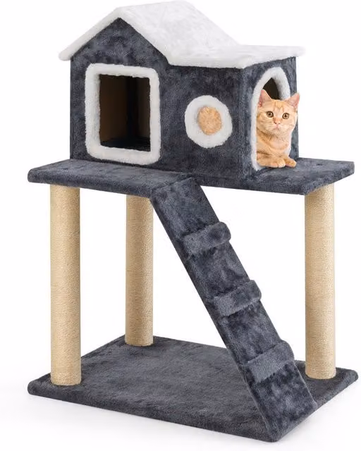Árbol rascador para gatos NORTHIO con cueva, juguetes integrados y postes de sisal reemplazables, color gris, Altura: 90 cm