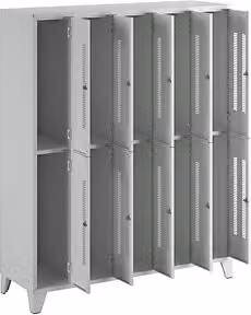Taquilla de dos pisos Berlin de Eurokraft con 1,5 secciones en gris luminoso, fabricada en metal lacado con puertas batientes, barra para colgar, estantes internos y cerradura. An/P/Al: 150 x 50 x 185 cm.