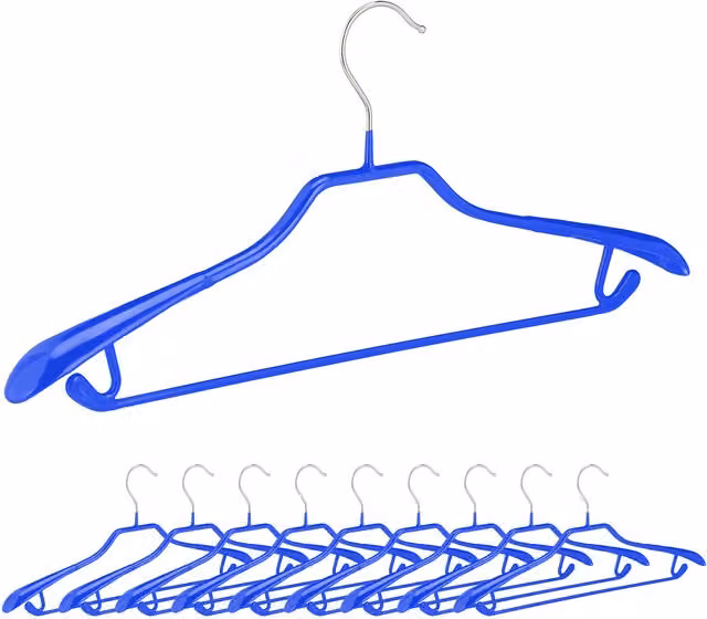 Pack de 50 perchas para trajes Relaxdays de metal y plástico con goma antideslizante, barra y ganchos, color azul y plata, An/P/Al: 19 x 45 x 3,5 cm