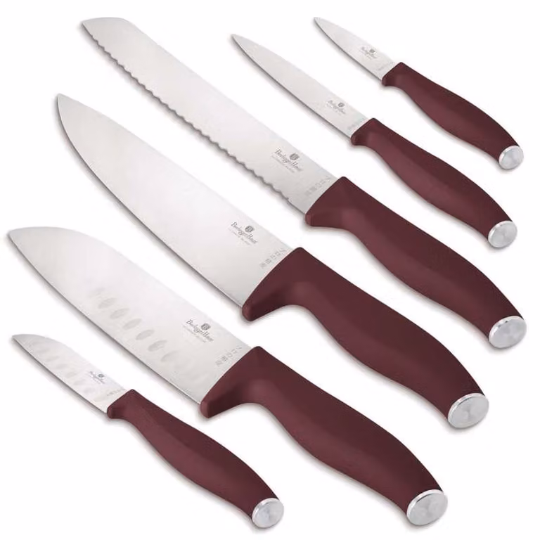 Juego de 6 cuchillos de acero inoxidable BerlingerHaus Colección Leonardo en color rojo con mango de plástico que incluye cuchillo de chef, cuchillo de pan, santoku, cuchillo de utilidad y cuchillo de pelar