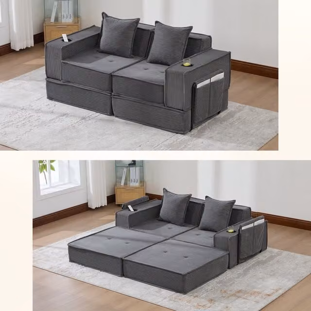 Sofá Cama Doble Moderno Kellany de Tela de Pana Gris con Dos Cojines, Portavasos y Espacio de Almacenamiento, An/P/Al: 140 x 190 cm