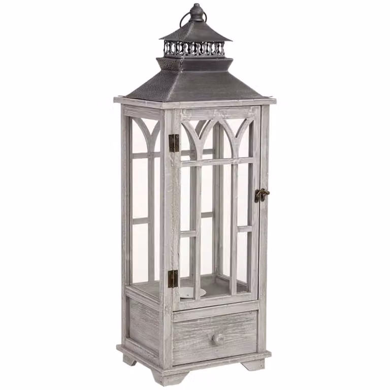 Farol decorativo rústico Wanderlust deco de madera y cristal en color gris y transparente, An/P/Al: 26 x 21 x 75 cm