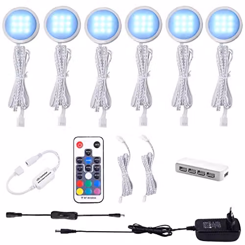 Pack de 6 luces LED RGB AIBOO para iluminación empotrada de cocina y armarios, diseño redondo ultradelgado con control remoto inalámbrico y regulación de intensidad, color multicolor con opciones de blanco, rojo, verde y azul, 12W 12V