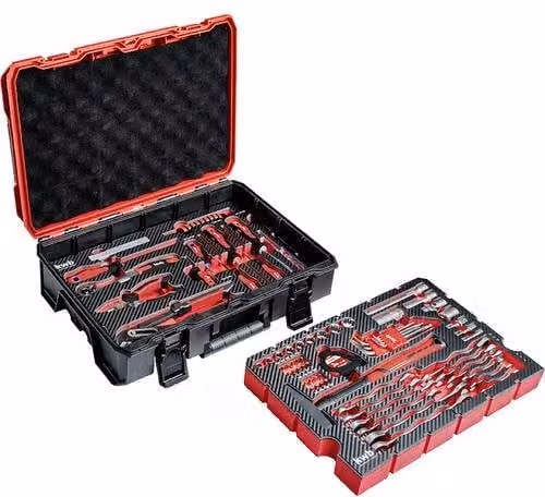 Maletín de herramientas portátil KWB de 80 piezas en color rojo con accesorios de acero inoxidable para reparaciones diarias