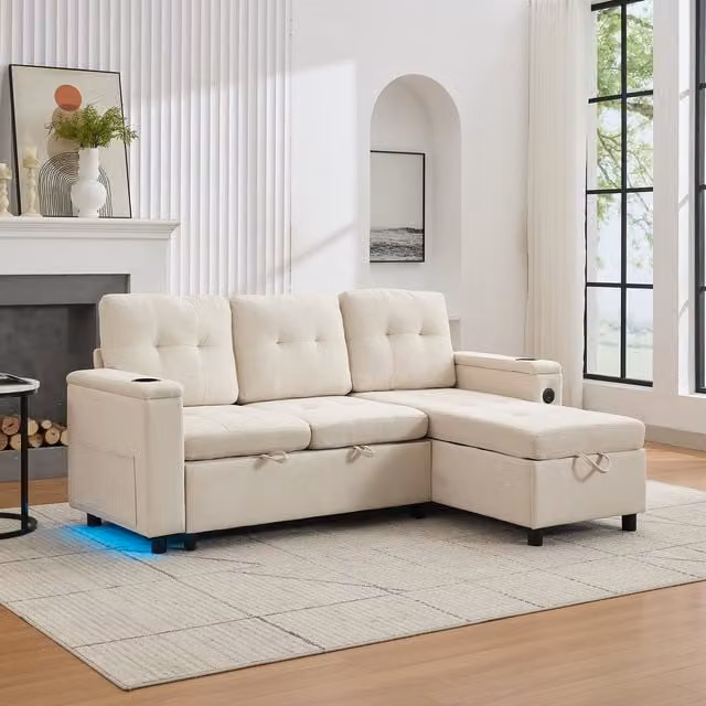 Sofá cama esquinero Treviso de la marca Kellany en color beige, con diseño en forma de L, iluminación LED, carga USB y almacenamiento oculto, An/P/Al: 208 x 146 x 89,5 cm