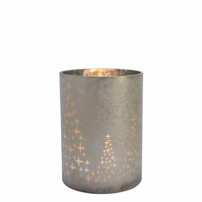 Portavelas decorativo de vidrio esmerilado Sia Deco en gris y oro, diseño redondo y moderno, An/P/Al: 18 x 18 x 24 cm