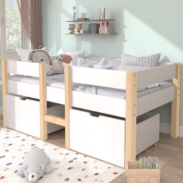 Cama infantil de madera maciza MODENVIE con escalera, cajones y barandilla de seguridad, color blanco, An/P/Al: 90 x 200 x 120 cm