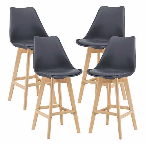 Juego de 4 taburetes de bar Lublin en.casa con asiento acolchado gris y patas de madera de haya, An/P/Al: 48 x 48 x 105 cm