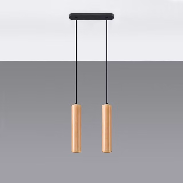 Lámpara colgante de lino y madera Sollux en color natural, modelo cilindro para bombilla GU10, An/P/Al: 6 x 6 x 90 cm