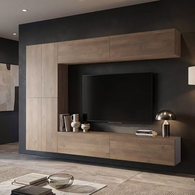 Mueble de sala modular DMORA con 8 estantes y 8 puertas, acabado marrón nogal mate